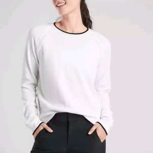Athleta Women's White North Point Ribbed Black Trim Crew Neck Sweater Size Small